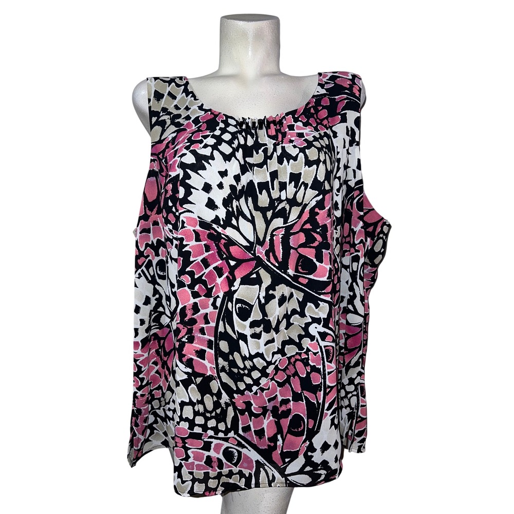 Maggie Barnes Womens 3X Pink Black Butterfly Print Beaded Neckline Blouse NWT
